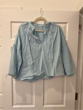 Light Blue Drawstring Neck Peasant Blouse and shorts set